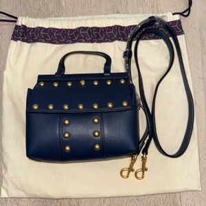 NWT Tory Burch T Gold Stud Navy Blue Leather Satchel Crossbody Shoulder Bag Dust